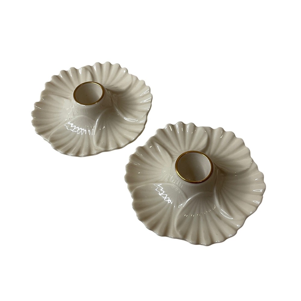 Vintage Lenox Seashell Taper 2 Candle Holders 24K Gold Rim Fine China Porcelain